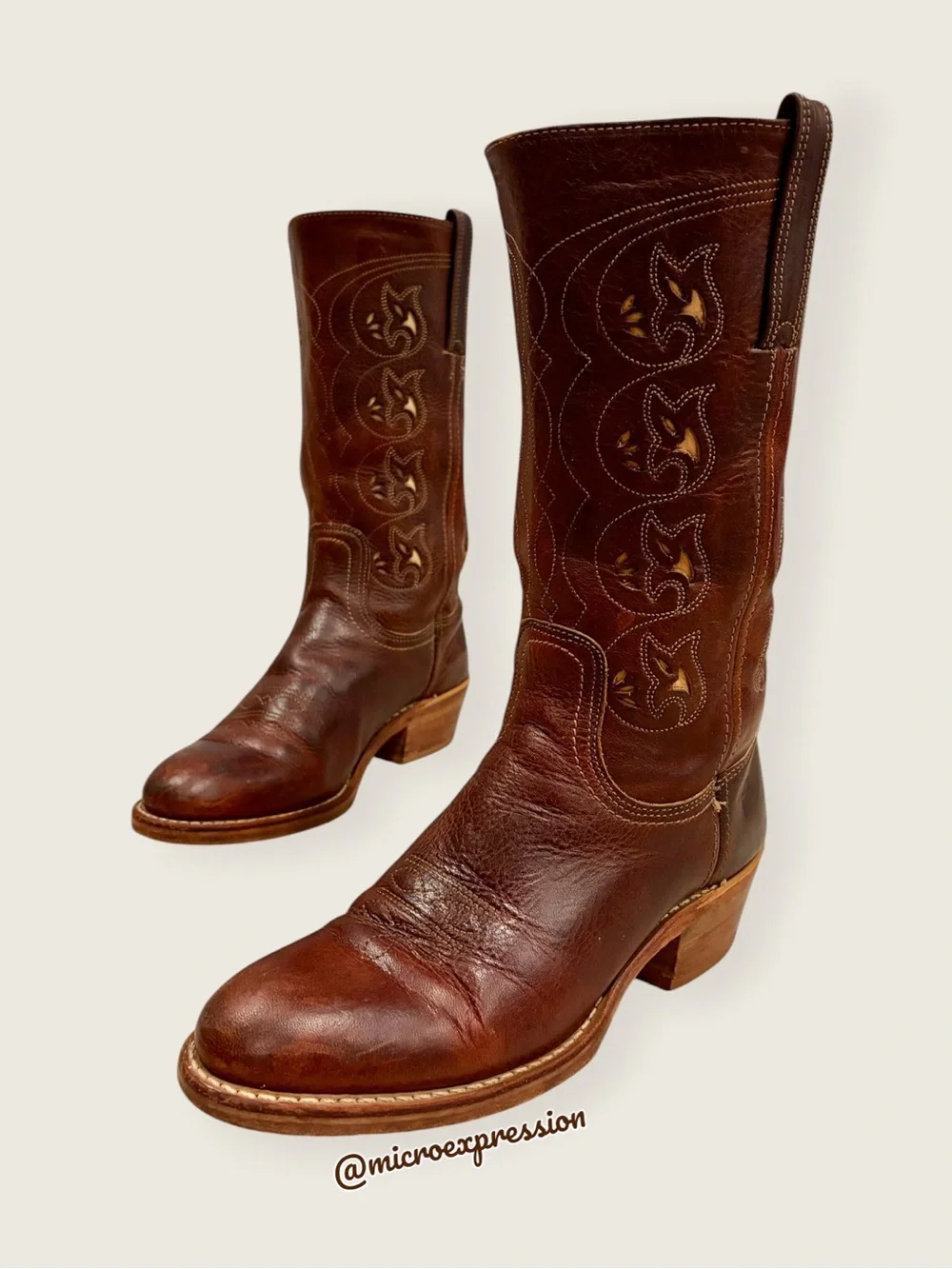 VINTAGE 1980s Frye Austin Brown Leather Floral Embroidered Southern Cowboy Boot